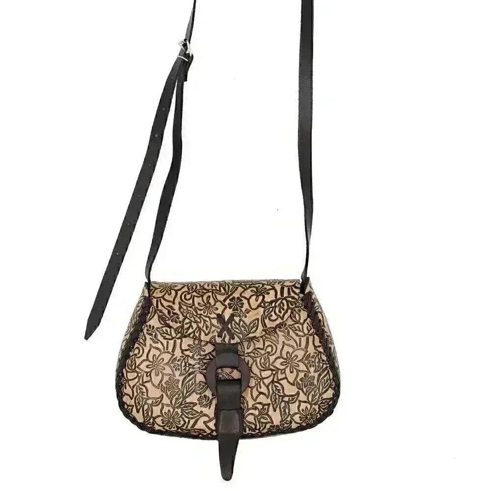 Tan Engraved Floral Leather Shoulder‎ Bag Bohemian Summer Bag Across Body Bag